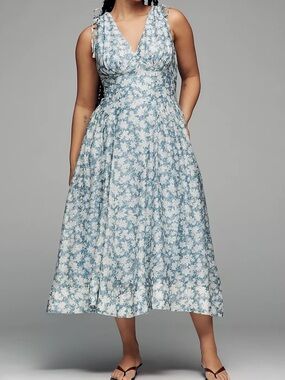 Astr Anthropology Blue Floral V-Neck Maxi Dress with Tie Shoulders Sz 1X NWT